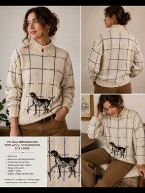 Vintage Outback Red 100% Wool Dog Sweater Large Hunting Pointer Knit Unisex
